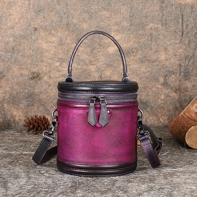 Brown Leather Womens Bucket Handbag Barrel Shoulder Bag Crossbody Purse for Ladies