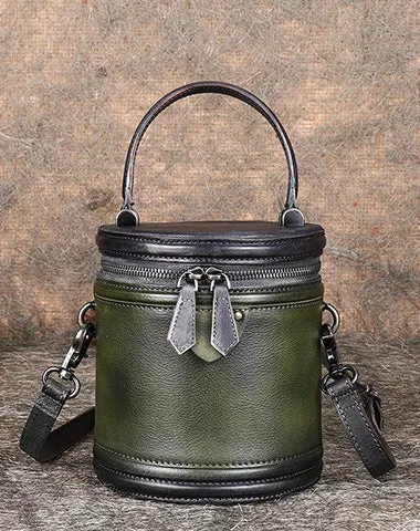 Brown Leather Womens Bucket Handbag Barrel Shoulder Bag Crossbody Purse for Ladies