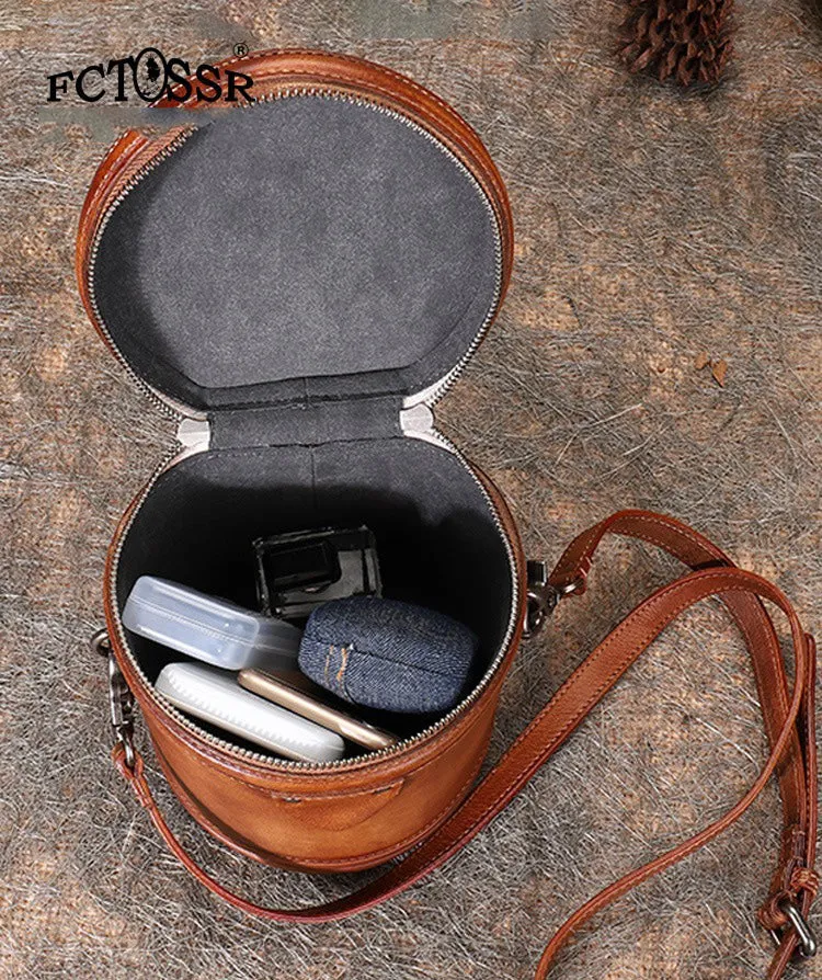 Brown Leather Womens Bucket Handbag Barrel Shoulder Bag Crossbody Purse for Ladies