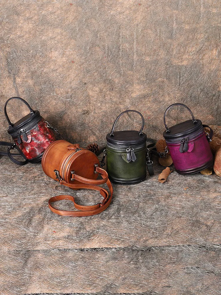 Brown Leather Womens Bucket Handbag Barrel Shoulder Bag Crossbody Purse for Ladies