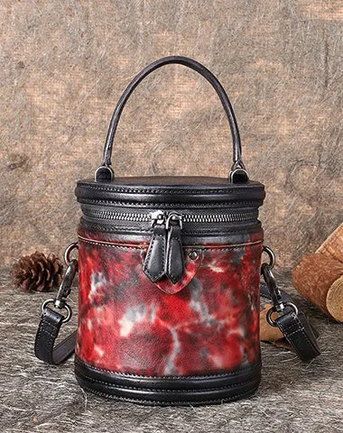 Brown Leather Womens Bucket Handbag Barrel Shoulder Bag Crossbody Purse for Ladies