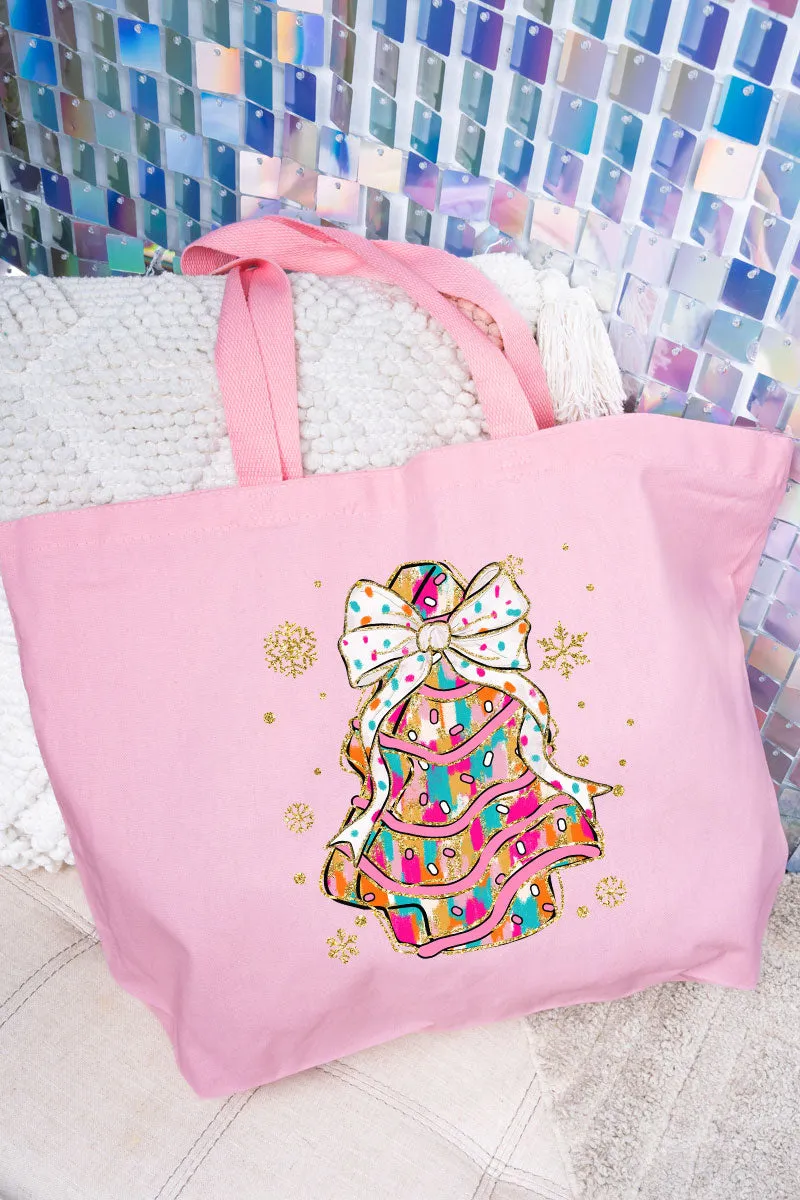 Brushed Colorful Christmas Tree Cake Canvas Jumbo Tote
