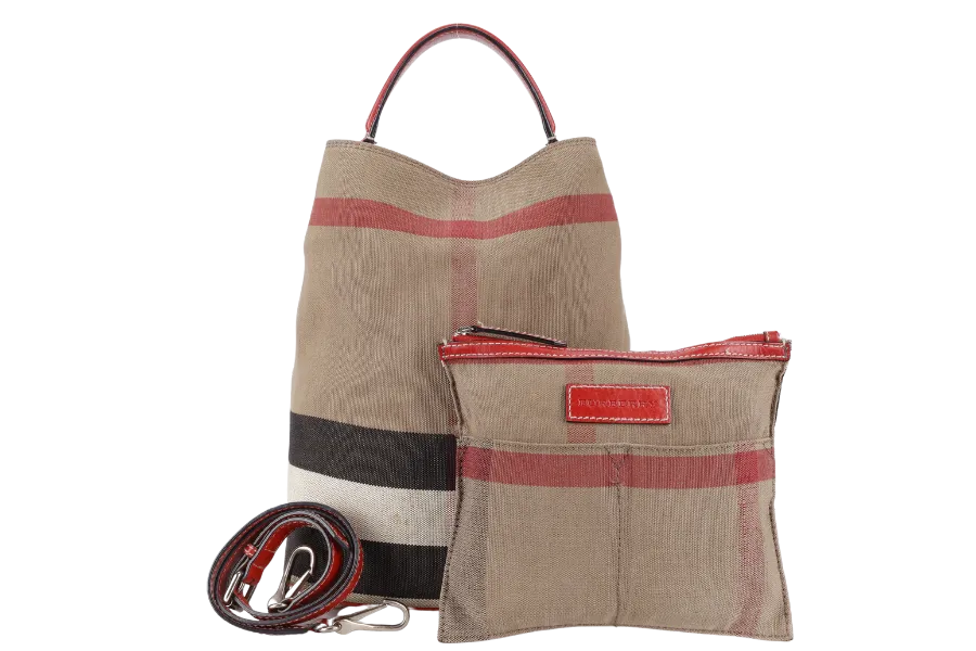 BURBERRY ASHBY CHECK CANVAS BUCKET BAG SILVER HARDWARE WITH LEATHER STRAPS