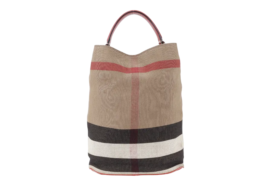 BURBERRY ASHBY CHECK CANVAS BUCKET BAG SILVER HARDWARE WITH LEATHER STRAPS