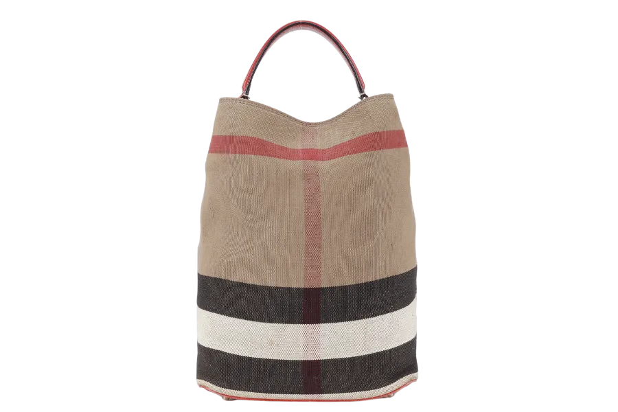 BURBERRY ASHBY CHECK CANVAS BUCKET BAG SILVER HARDWARE WITH LEATHER STRAPS