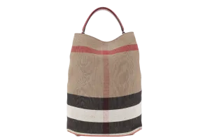 BURBERRY ASHBY CHECK CANVAS BUCKET BAG SILVER HARDWARE WITH LEATHER STRAPS