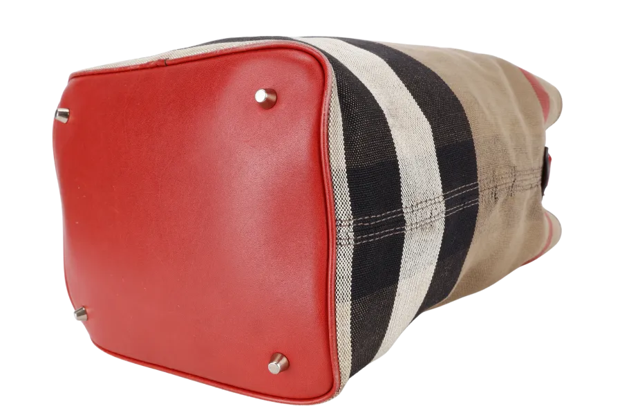 BURBERRY ASHBY CHECK CANVAS BUCKET BAG SILVER HARDWARE WITH LEATHER STRAPS