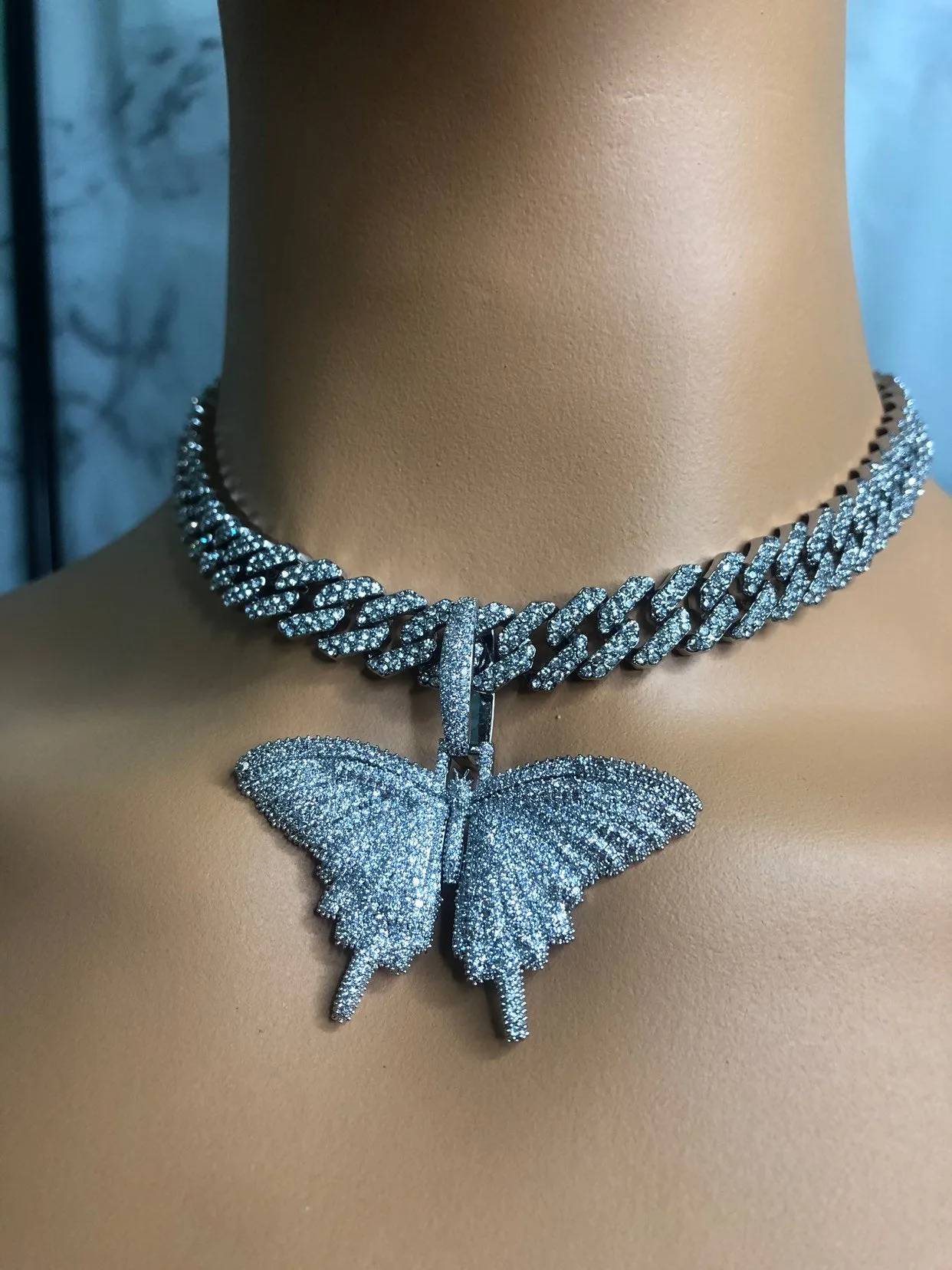 Butterfly cuban choker chain necklace , blinged iced cuban butterfly necklace , Micro Paved 12mm S-Link Miami Cuban Necklaces