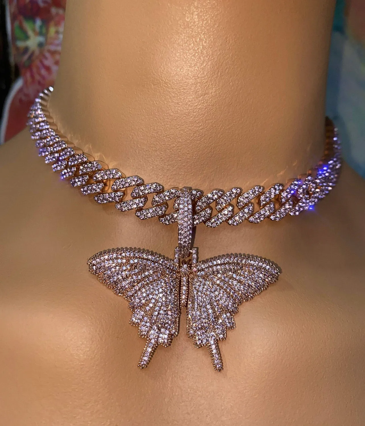 Butterfly cuban choker chain necklace , blinged iced cuban butterfly necklace , Micro Paved 12mm S-Link Miami Cuban Necklaces
