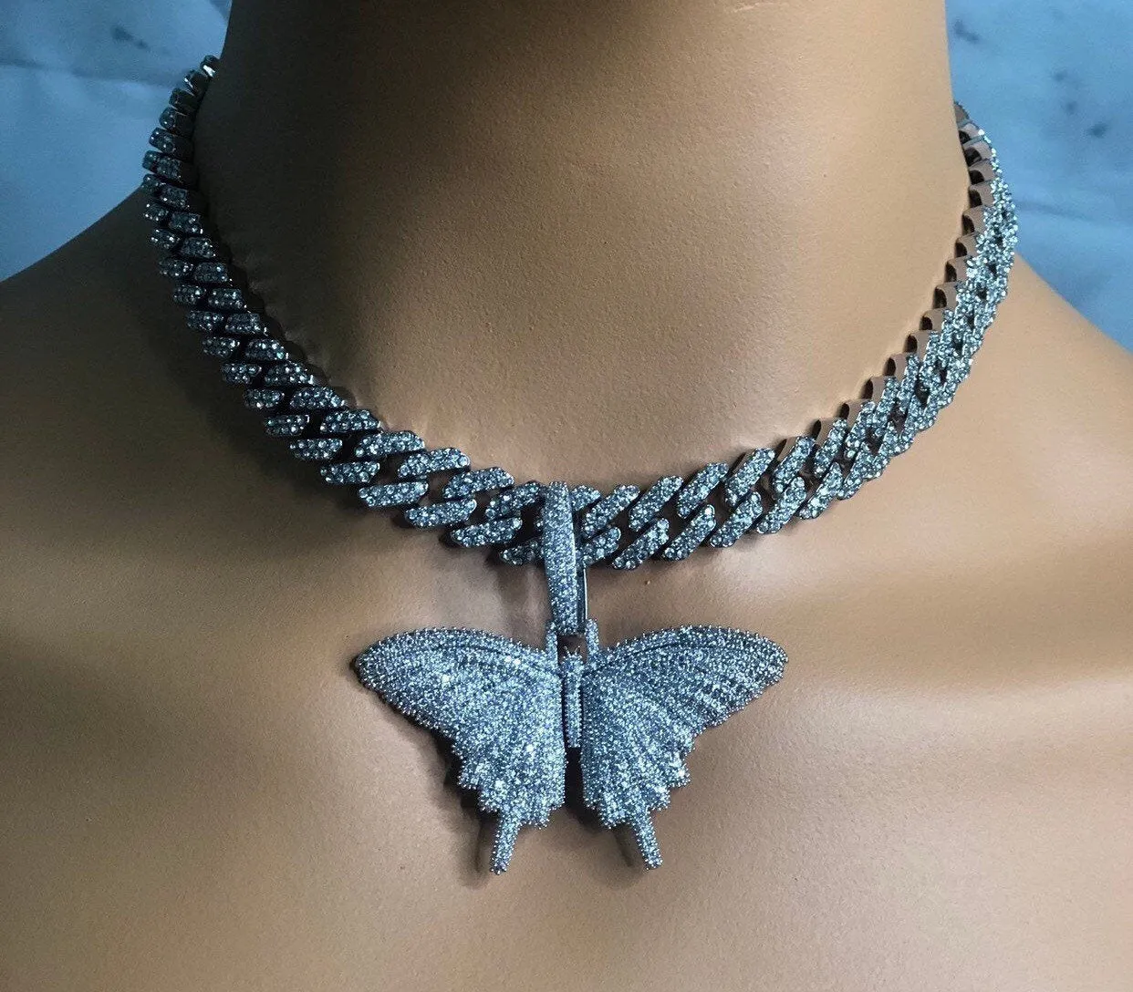 Butterfly cuban choker chain necklace , blinged iced cuban butterfly necklace , Micro Paved 12mm S-Link Miami Cuban Necklaces