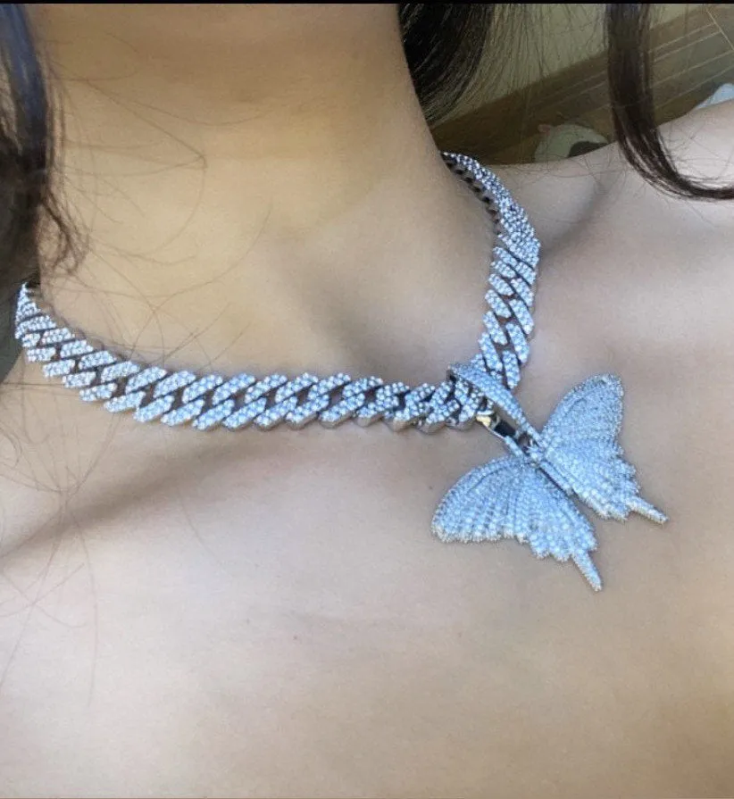 Butterfly cuban choker chain necklace , blinged iced cuban butterfly necklace , Micro Paved 12mm S-Link Miami Cuban Necklaces