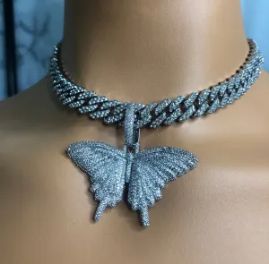 Butterfly cuban choker chain necklace , blinged iced cuban butterfly necklace , Micro Paved 12mm S-Link Miami Cuban Necklaces