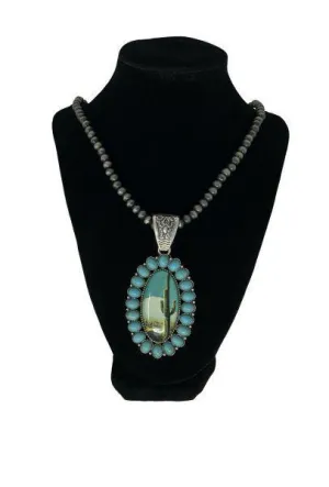 Cactus Print with Turquoise Stones Pendant Necklace