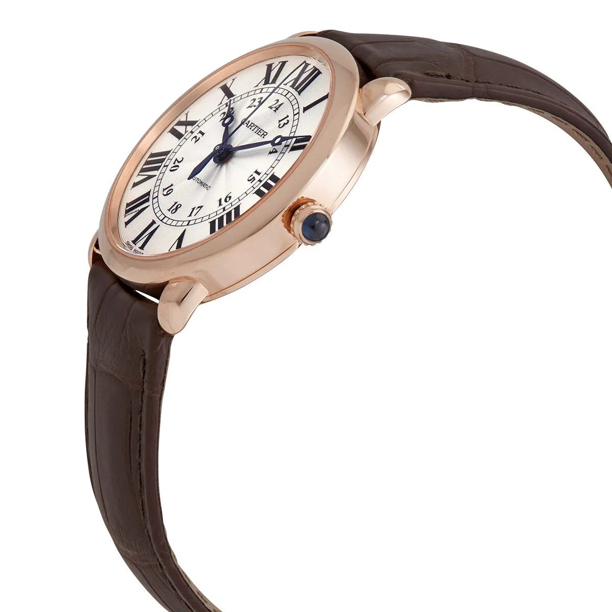 Cartier Ronde 18kt Rose Gold Automatic Silver Dial Brown Leather Men's Watch WGRN0006