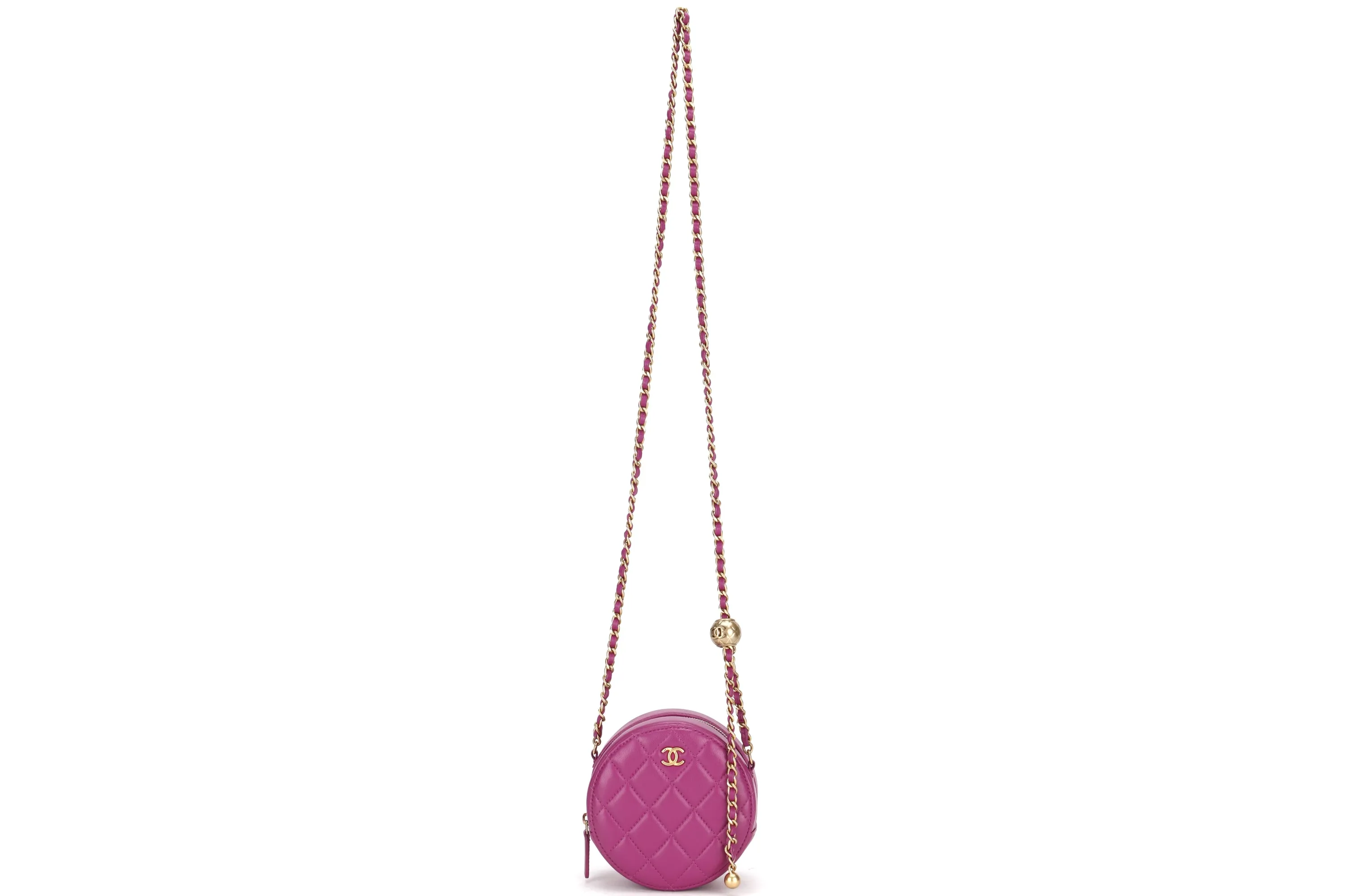 CHANEL PEARL CRUSH ROUND CLUTCH WITH CHAIN (3086xxxx) PURPLE LAMBSKIN GOLD HARDWARE, WITH CARD, DUST COVER & BOX