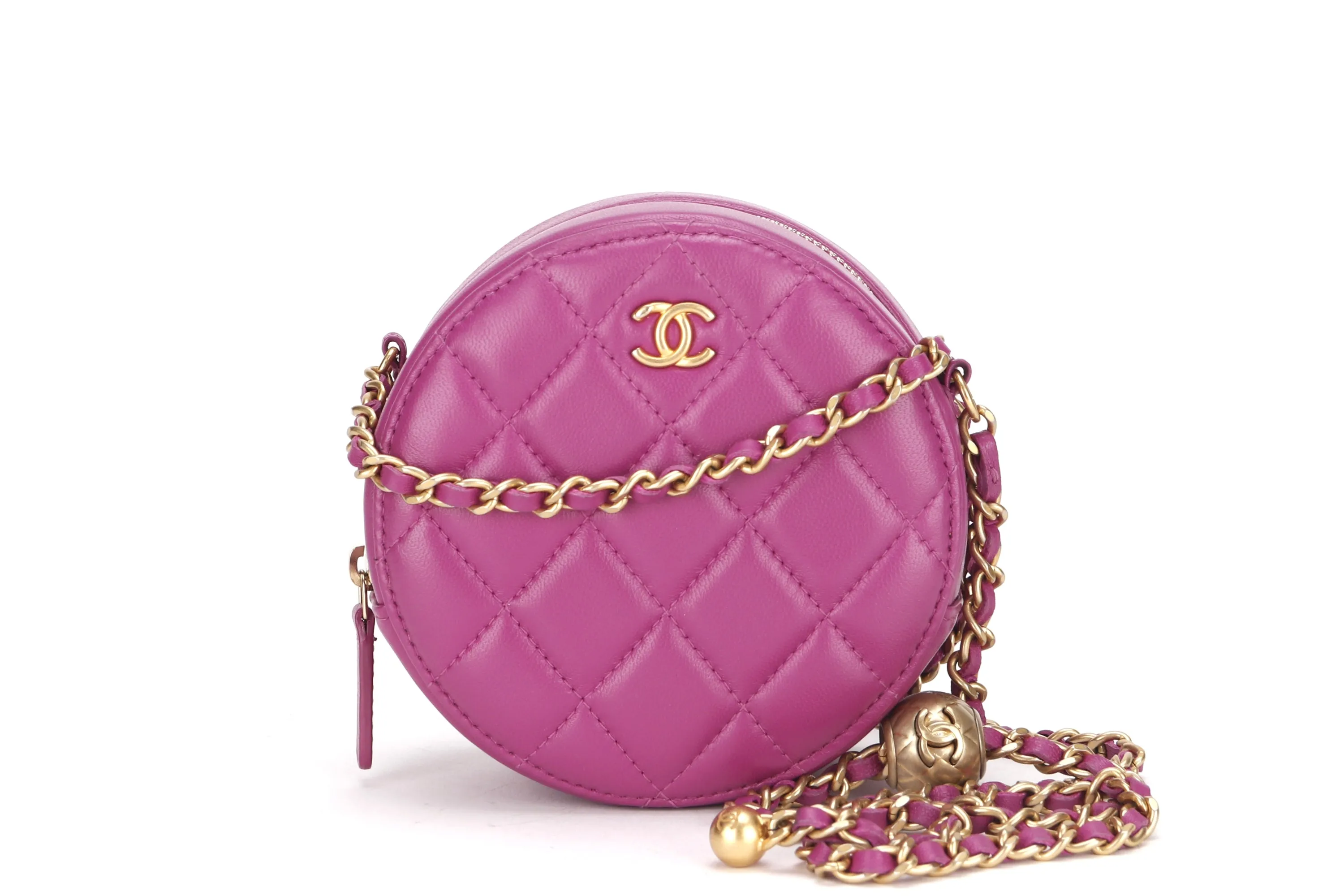 CHANEL PEARL CRUSH ROUND CLUTCH WITH CHAIN (3086xxxx) PURPLE LAMBSKIN GOLD HARDWARE, WITH CARD, DUST COVER & BOX
