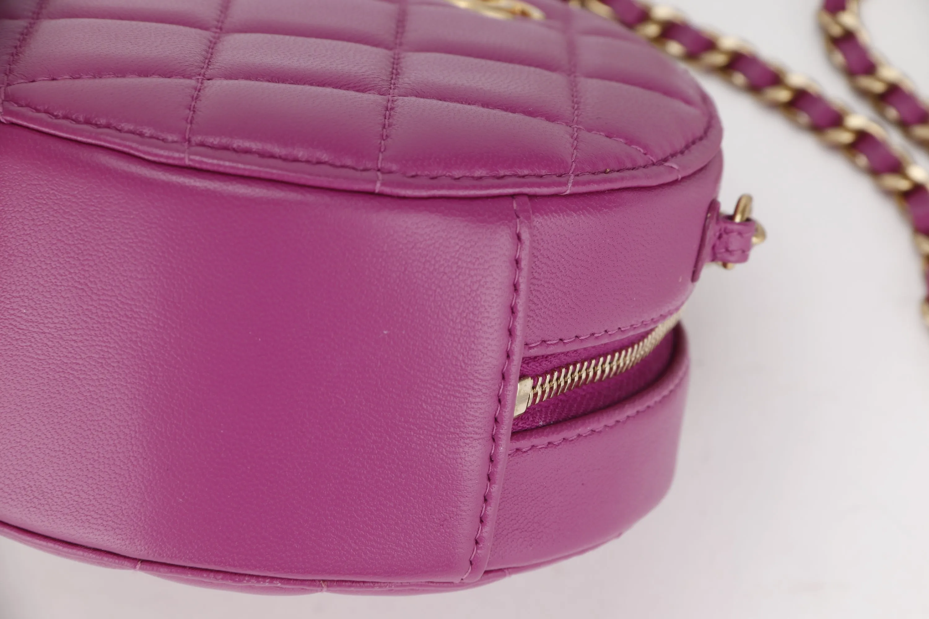 CHANEL PEARL CRUSH ROUND CLUTCH WITH CHAIN (3086xxxx) PURPLE LAMBSKIN GOLD HARDWARE, WITH CARD, DUST COVER & BOX