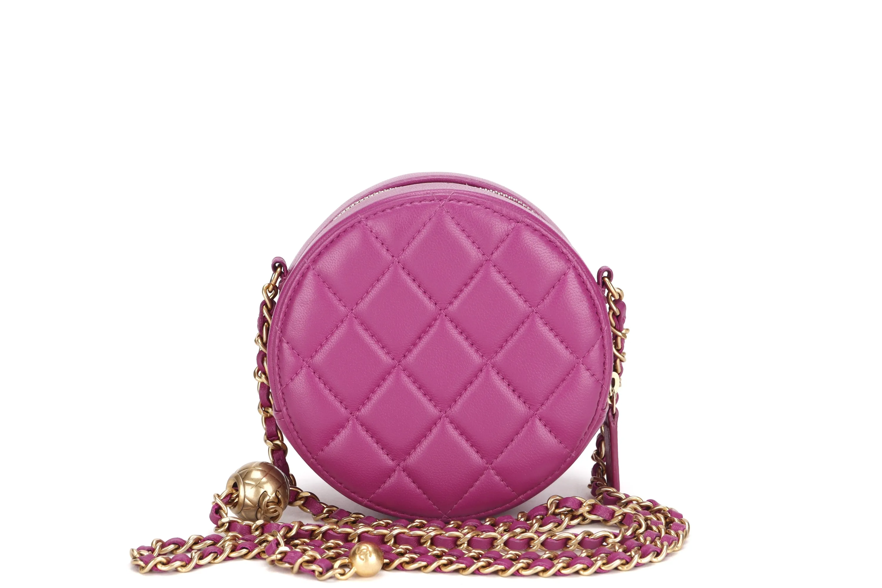 CHANEL PEARL CRUSH ROUND CLUTCH WITH CHAIN (3086xxxx) PURPLE LAMBSKIN GOLD HARDWARE, WITH CARD, DUST COVER & BOX