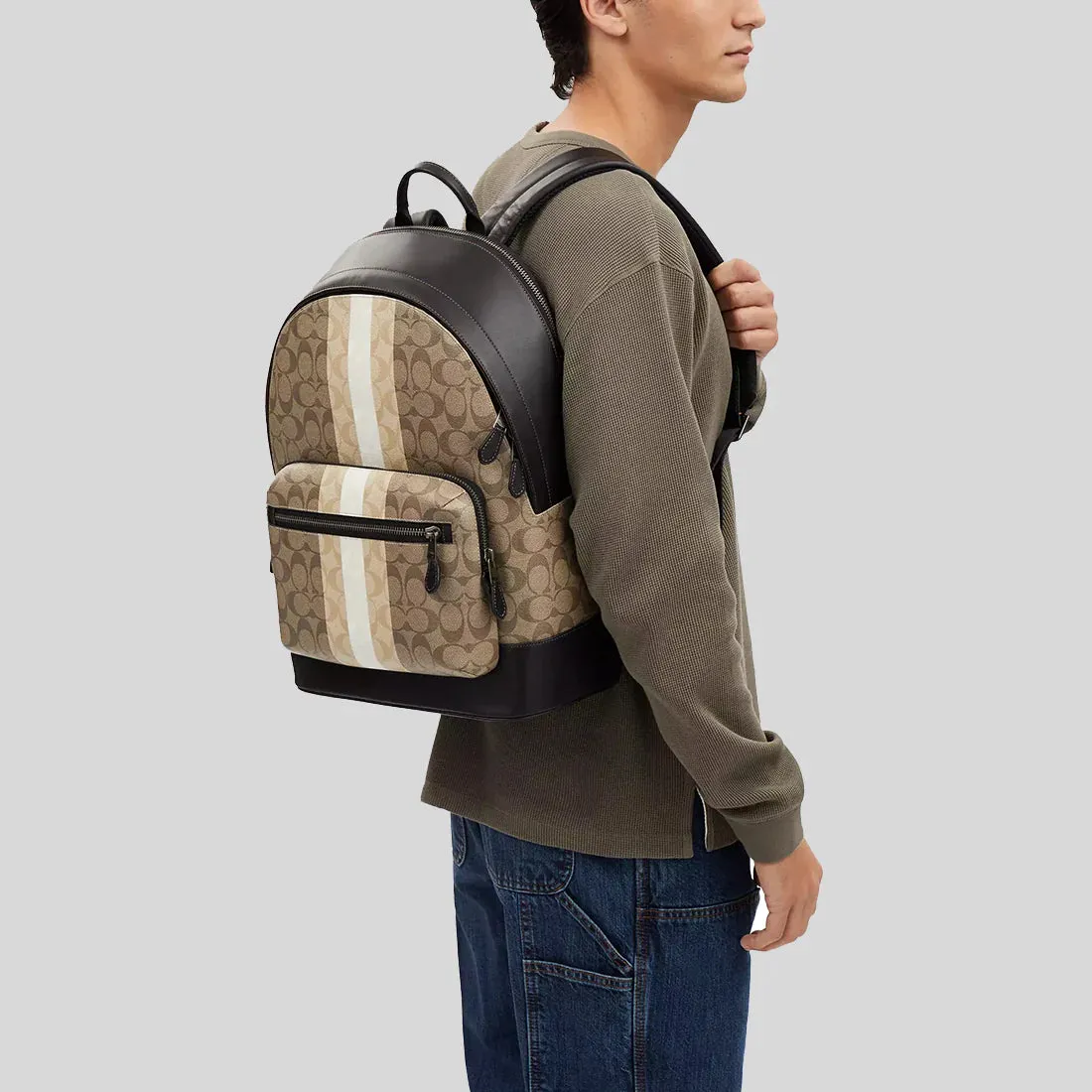 COACH West Backpack In Blocked Signature Canvas With Varsity Stripe Khaki Multi RS-CQ629