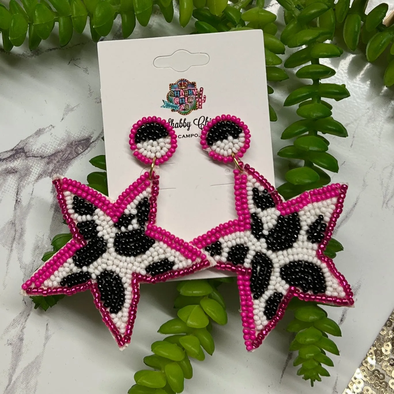 Cowprint Star Beaded Earrings