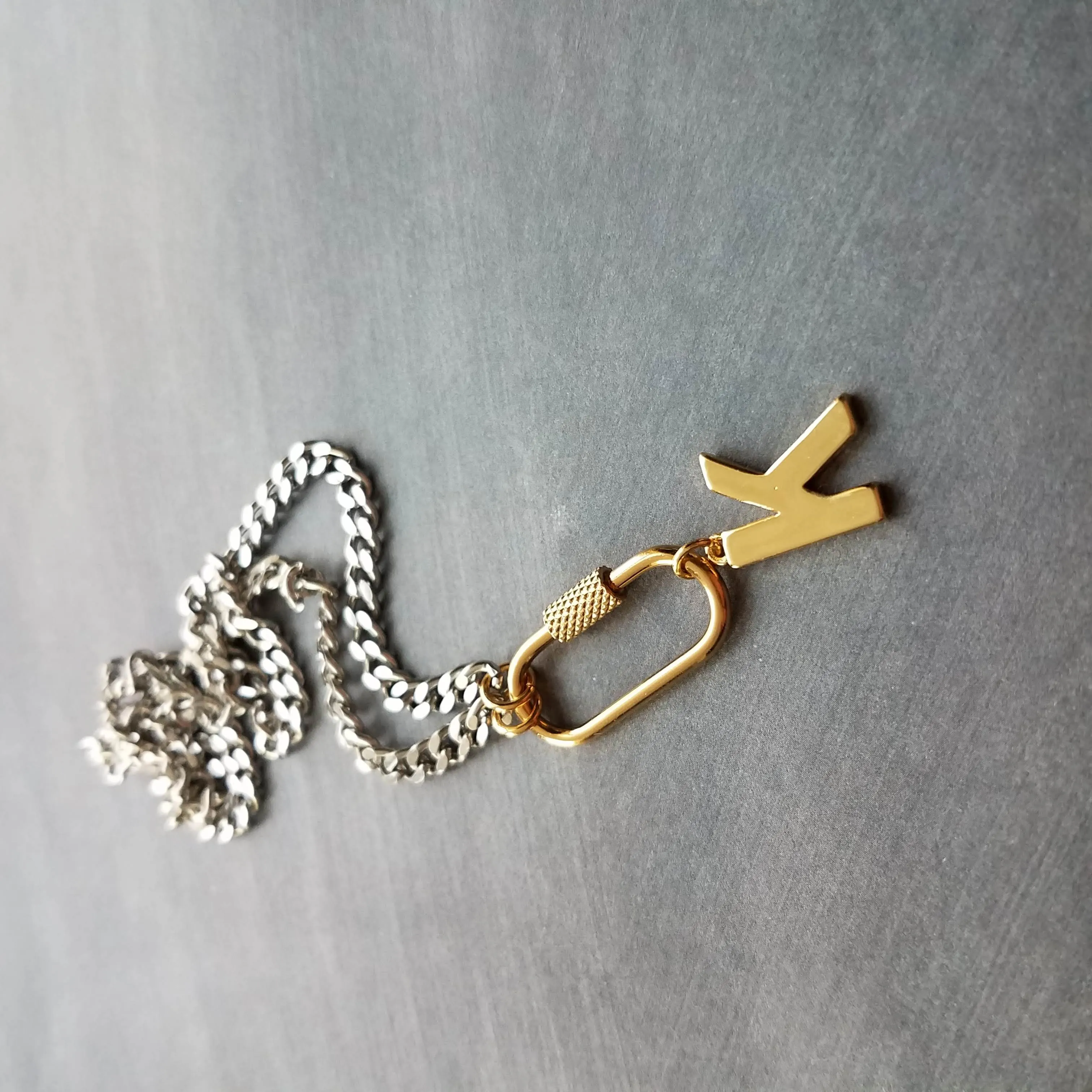 Curb Chain w/ Front Carabiner Clasp and Letter Charm, stainless steel chunky chain, Miami chain, initial charm, front clasp, oval clasp, oval screw clasp, gold clasp with silver chain, gold letter pendant, beveled flat concave curb chain