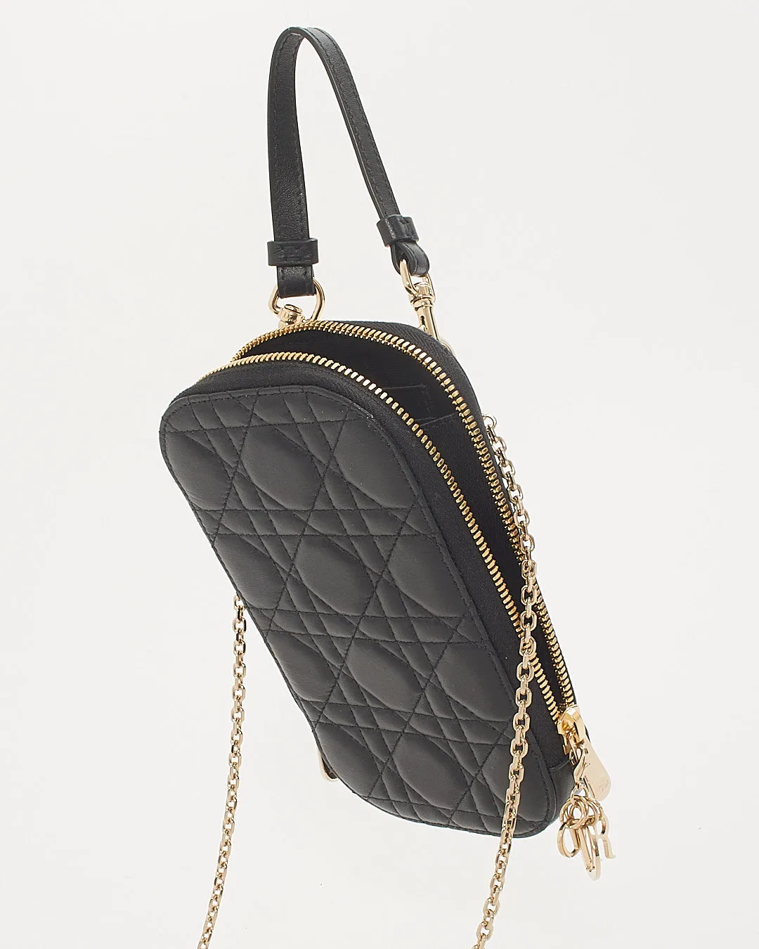 Dior Black Leather Cannage Phone Holder Crossbody