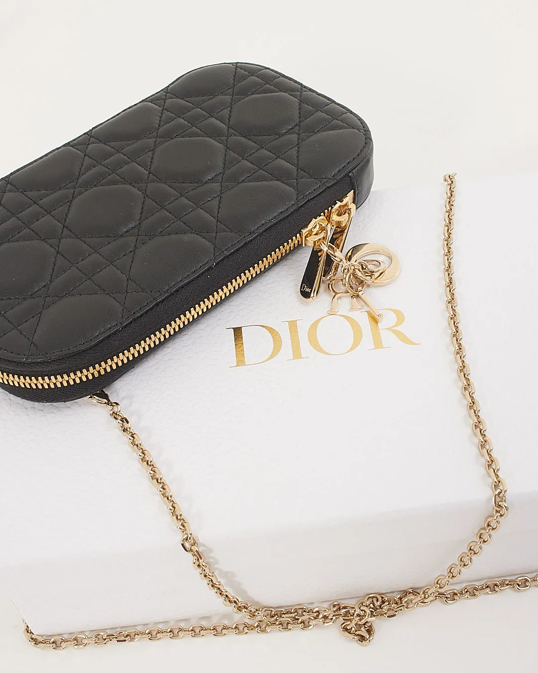Dior Black Leather Cannage Phone Holder Crossbody