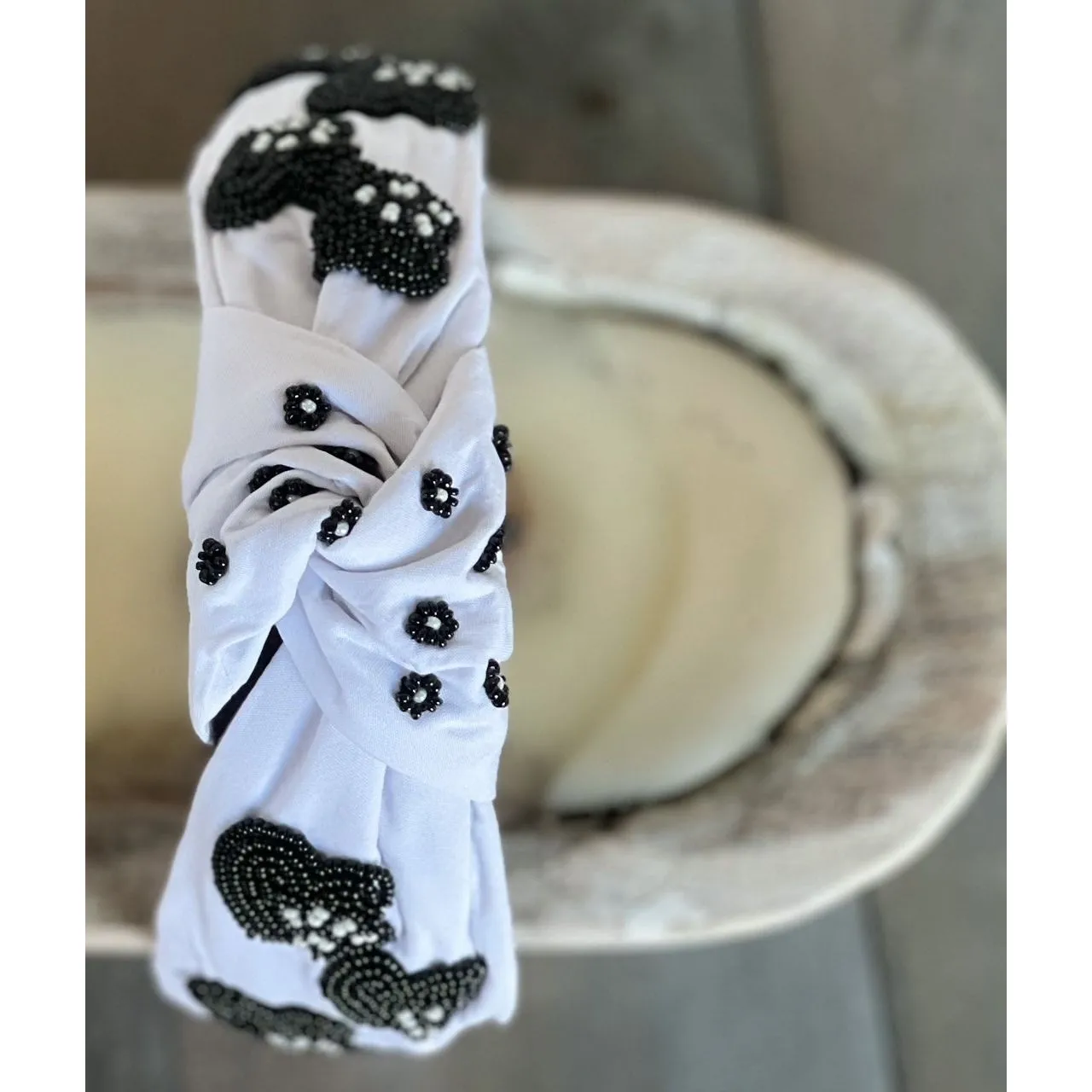 Dog Mom Paw Print Heart Seed Beaded Top Knot Headband S