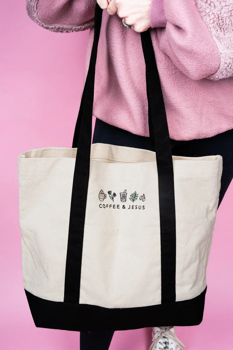 Embroidered Coffee & Jesus Canvas Boat Tote