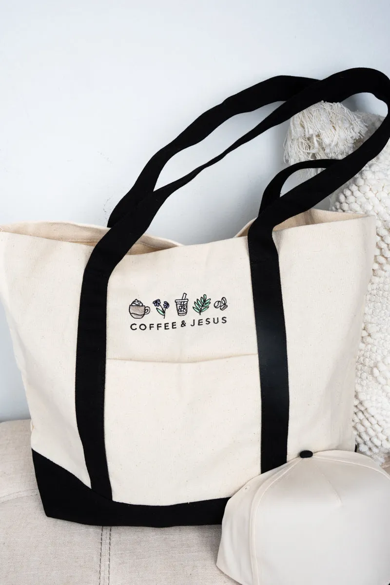 Embroidered Coffee & Jesus Canvas Boat Tote