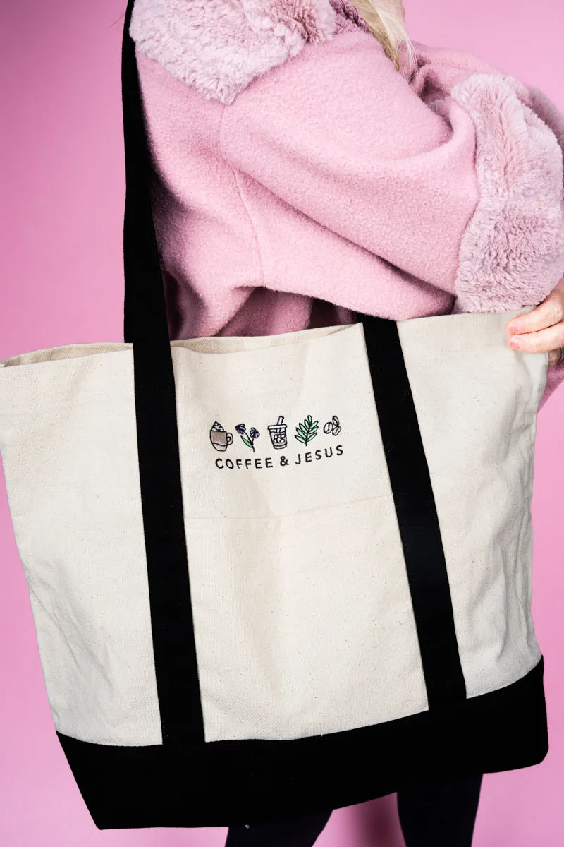 Embroidered Coffee & Jesus Canvas Boat Tote
