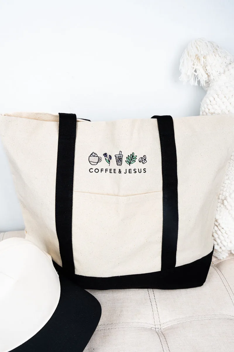 Embroidered Coffee & Jesus Canvas Boat Tote