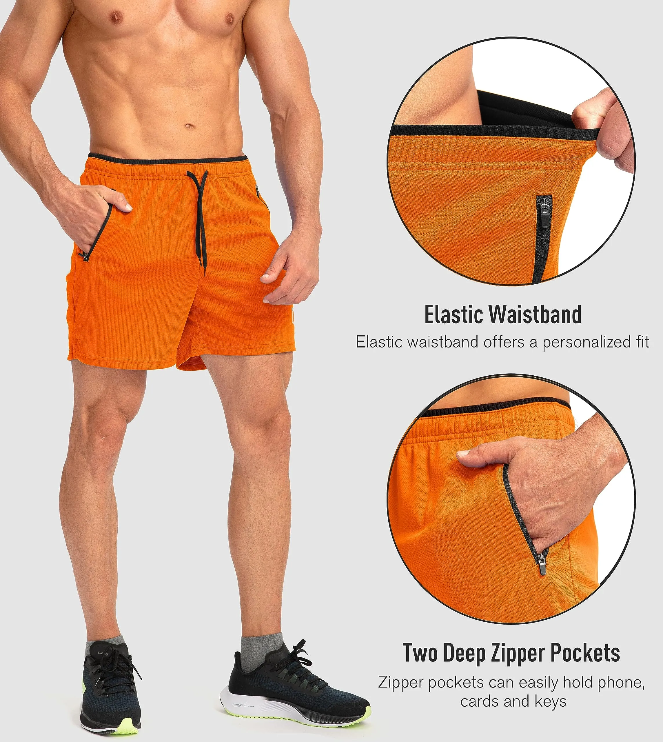G Gradual Men's Running Shorts with Zipper Pockets Quick Dry Gym Athletic Workout 5" Shorts for Men (Orange)