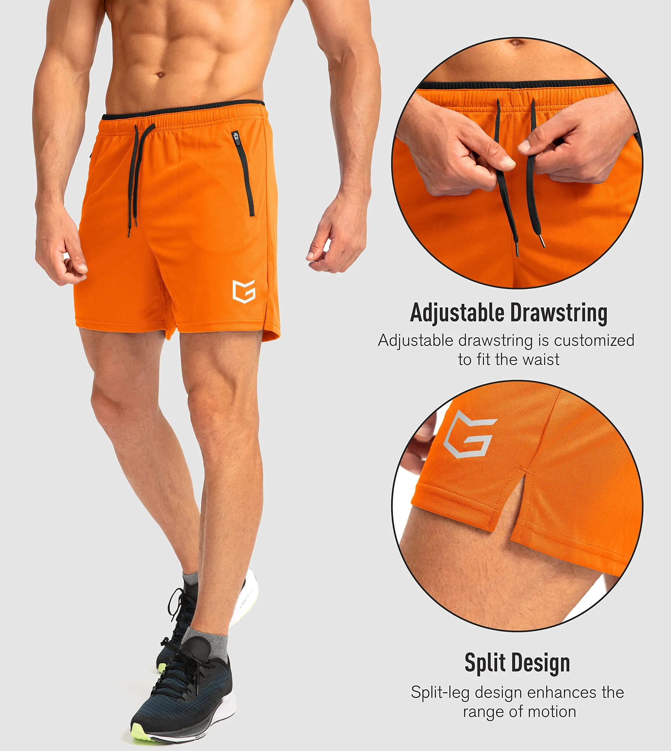 G Gradual Men's Running Shorts with Zipper Pockets Quick Dry Gym Athletic Workout 5" Shorts for Men (Orange)