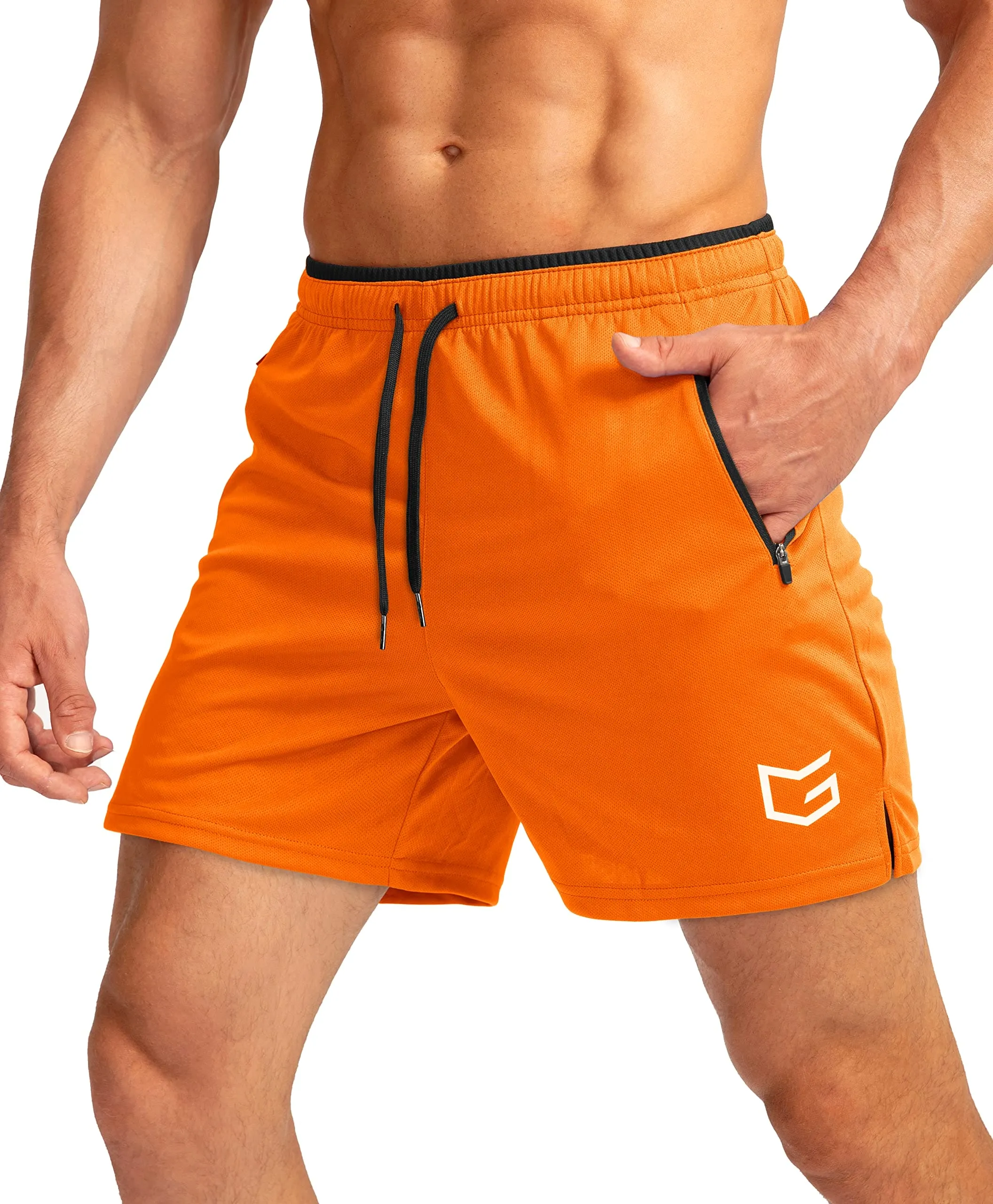 G Gradual Men's Running Shorts with Zipper Pockets Quick Dry Gym Athletic Workout 5" Shorts for Men (Orange)