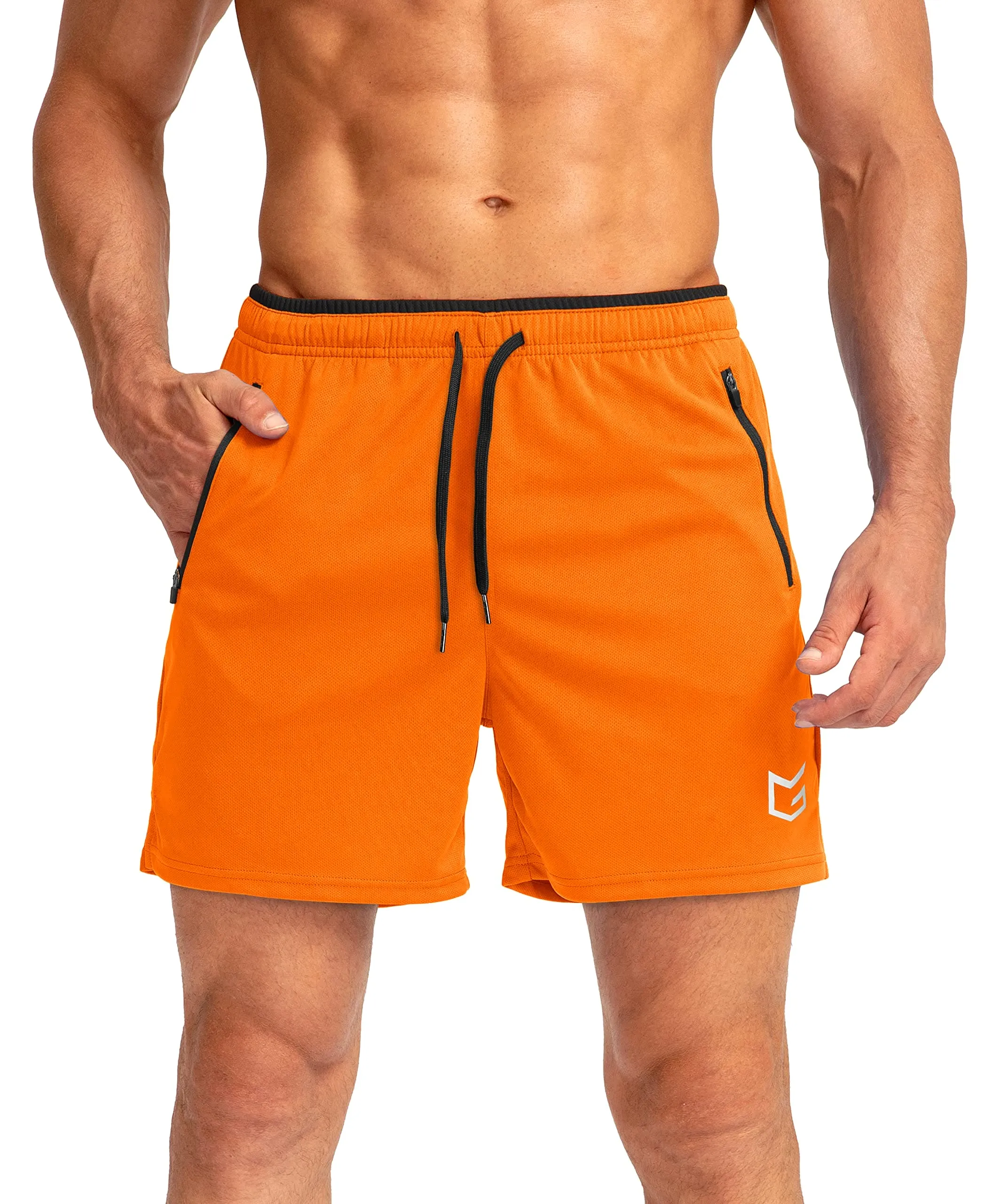G Gradual Men's Running Shorts with Zipper Pockets Quick Dry Gym Athletic Workout 5" Shorts for Men (Orange)