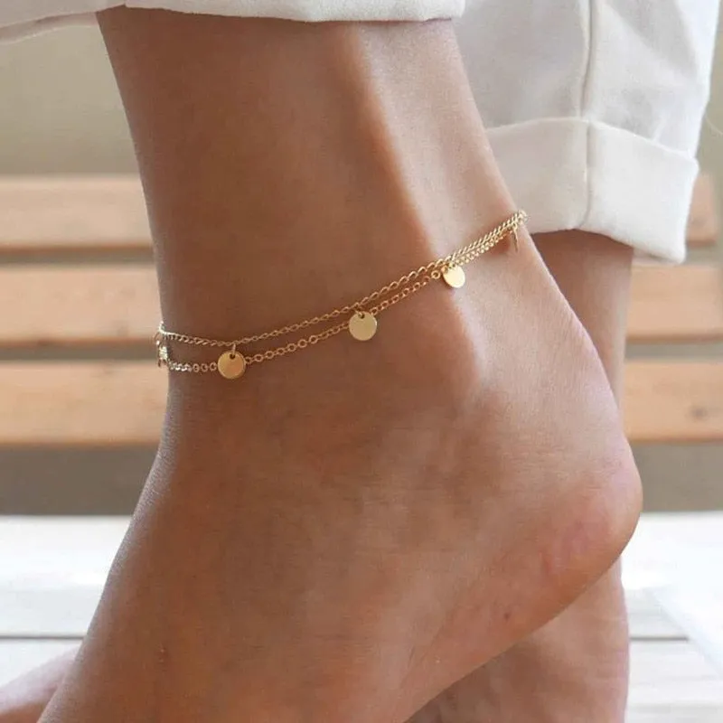 Gold and Silver Women's Anklet with Plates - Stainless Steel, Hinged Clip, 22cm 5.5cm Length