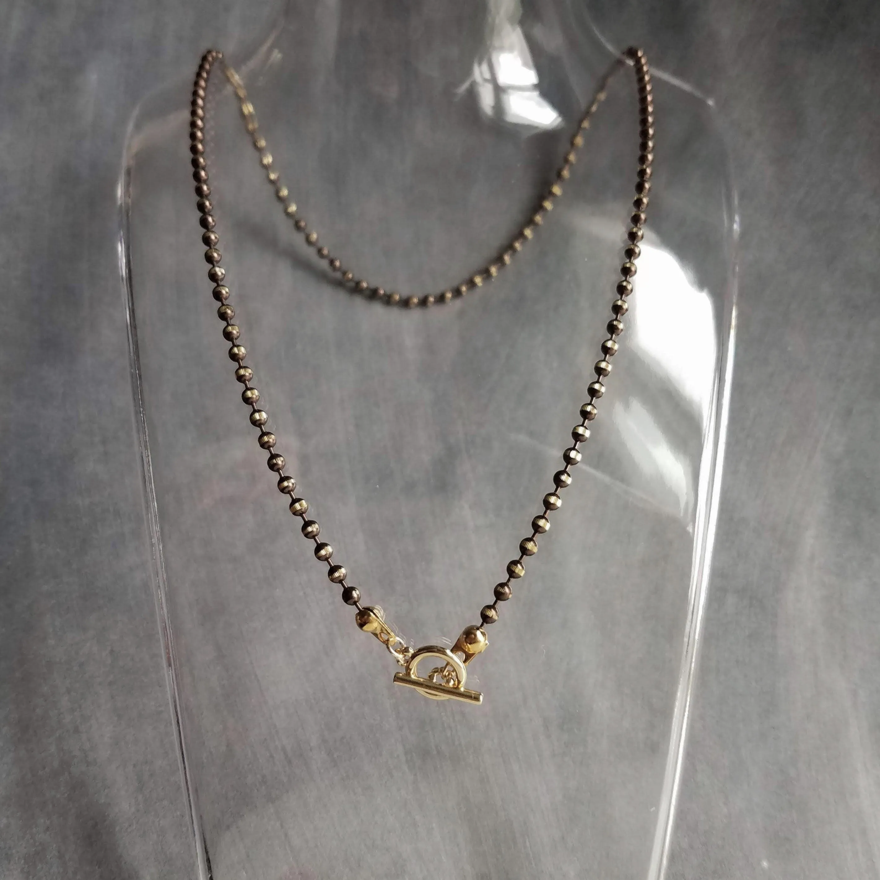 Gold Ball Chain, tiny toggle clasp, front clasp necklace, bronze ball chain, facet cut ball chain, small toggle necklace, large ball, brown