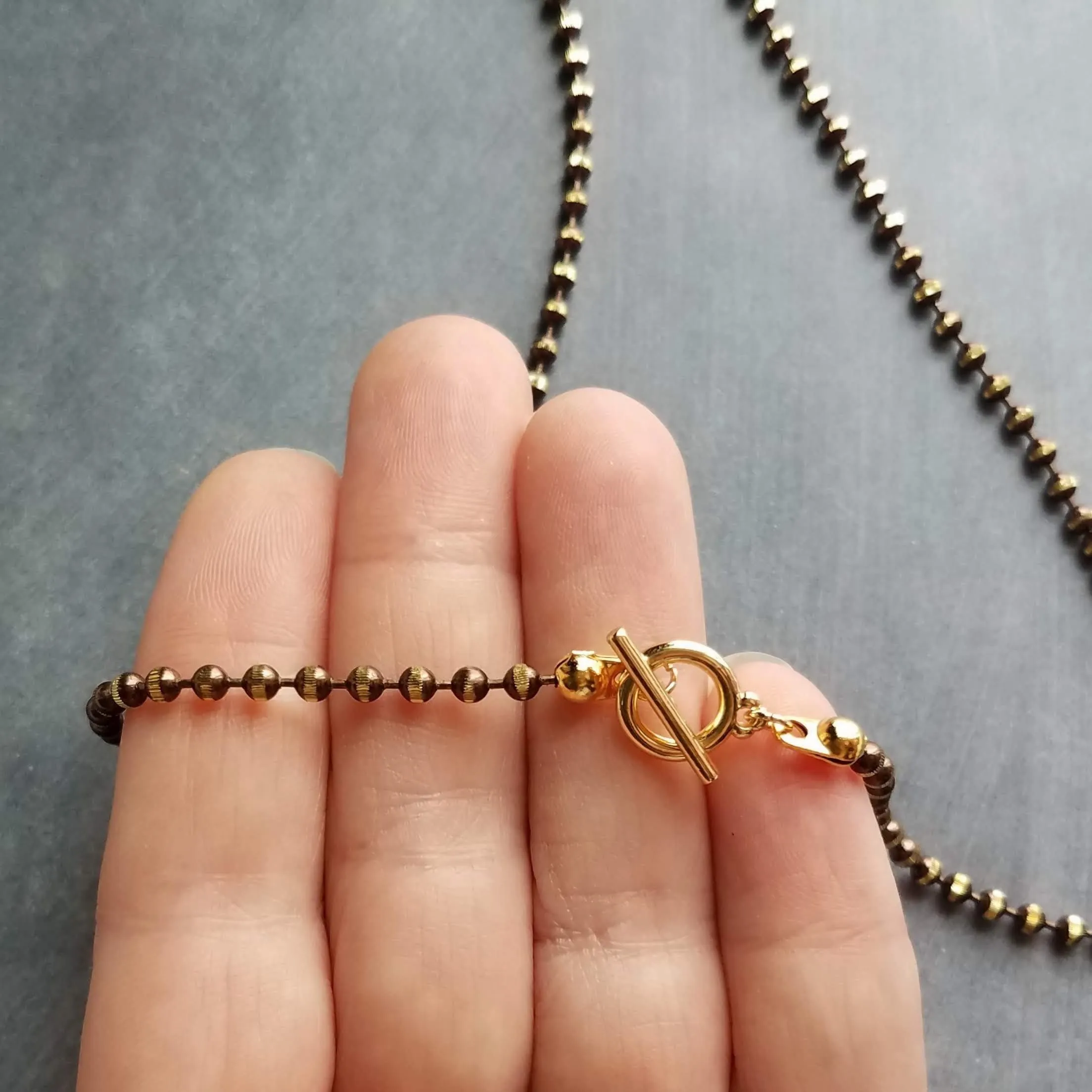 Gold Ball Chain, tiny toggle clasp, front clasp necklace, bronze ball chain, facet cut ball chain, small toggle necklace, large ball, brown