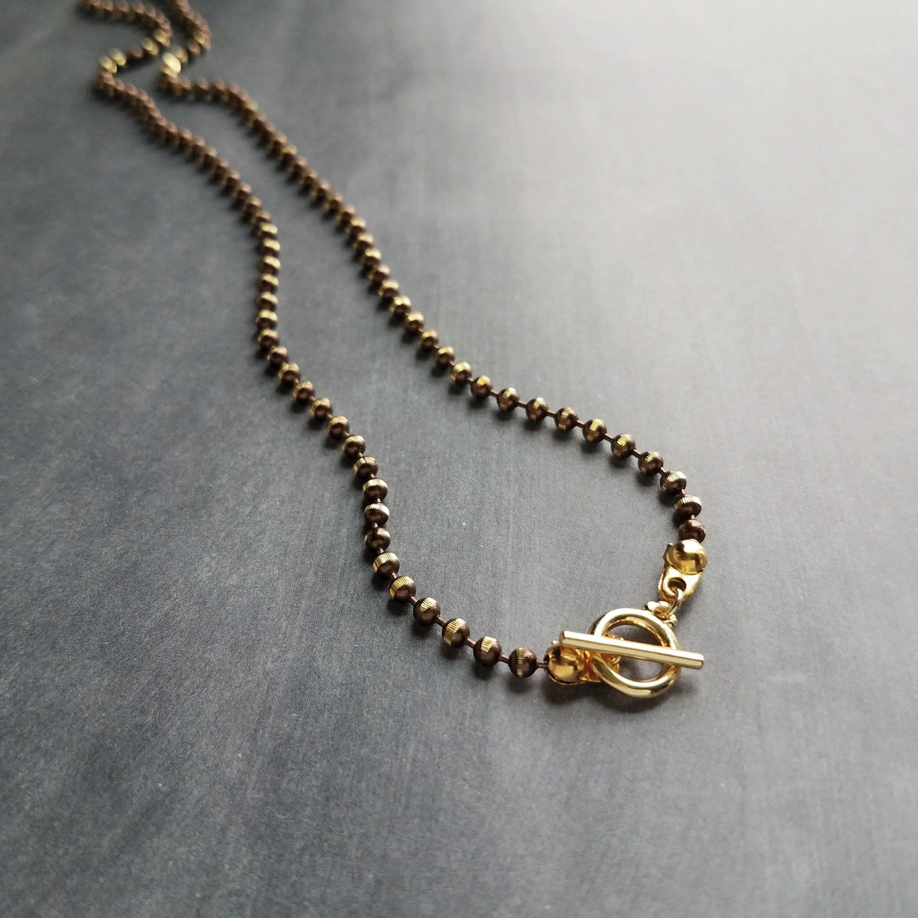 Gold Ball Chain, tiny toggle clasp, front clasp necklace, bronze ball chain, facet cut ball chain, small toggle necklace, large ball, brown
