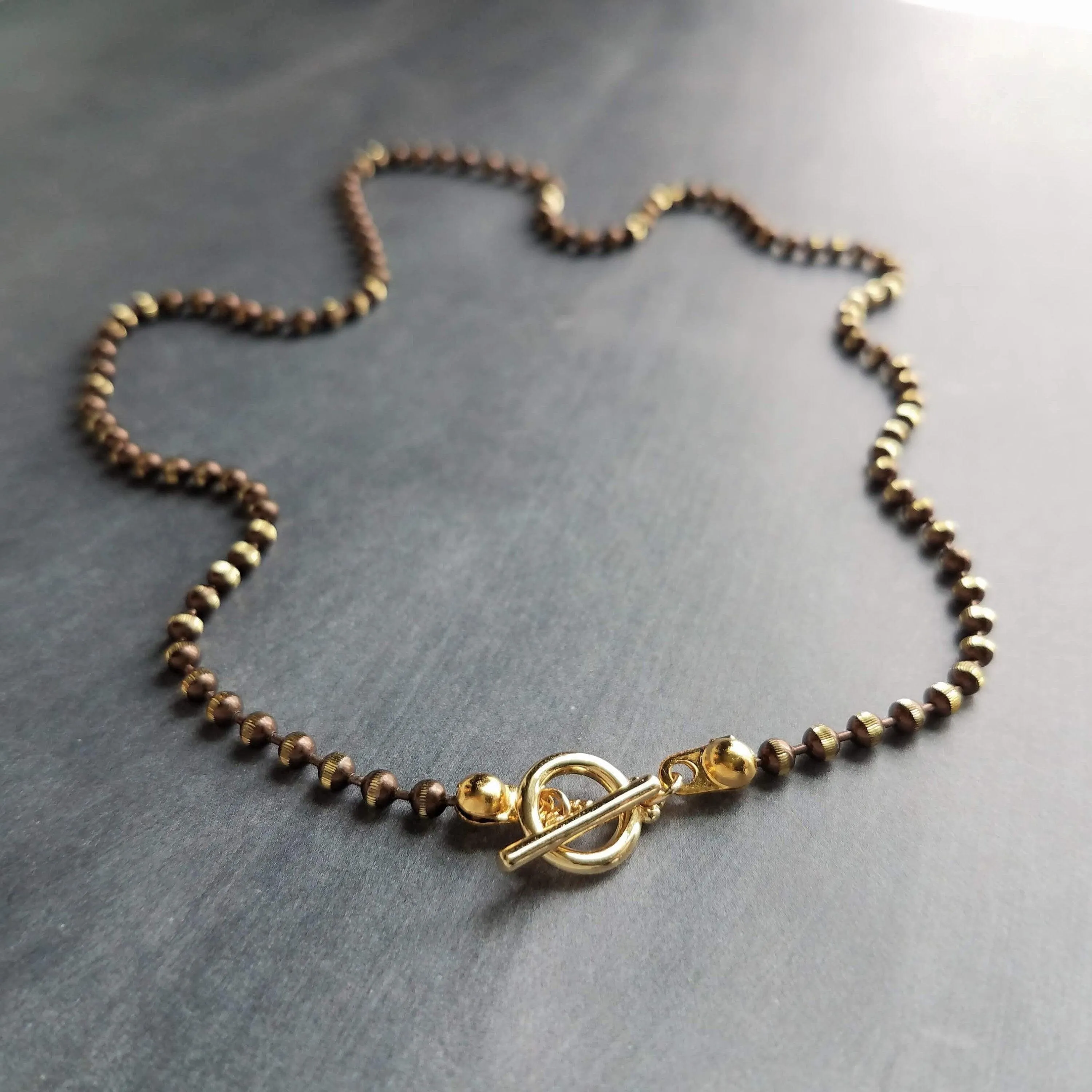 Gold Ball Chain, tiny toggle clasp, front clasp necklace, bronze ball chain, facet cut ball chain, small toggle necklace, large ball, brown