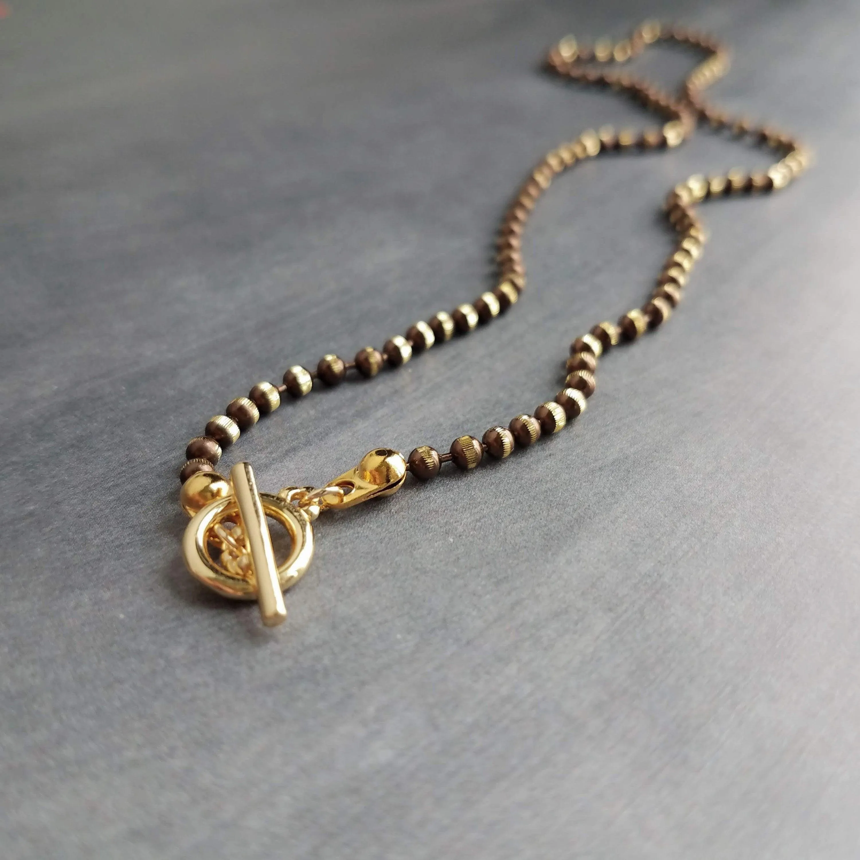 Gold Ball Chain, tiny toggle clasp, front clasp necklace, bronze ball chain, facet cut ball chain, small toggle necklace, large ball, brown