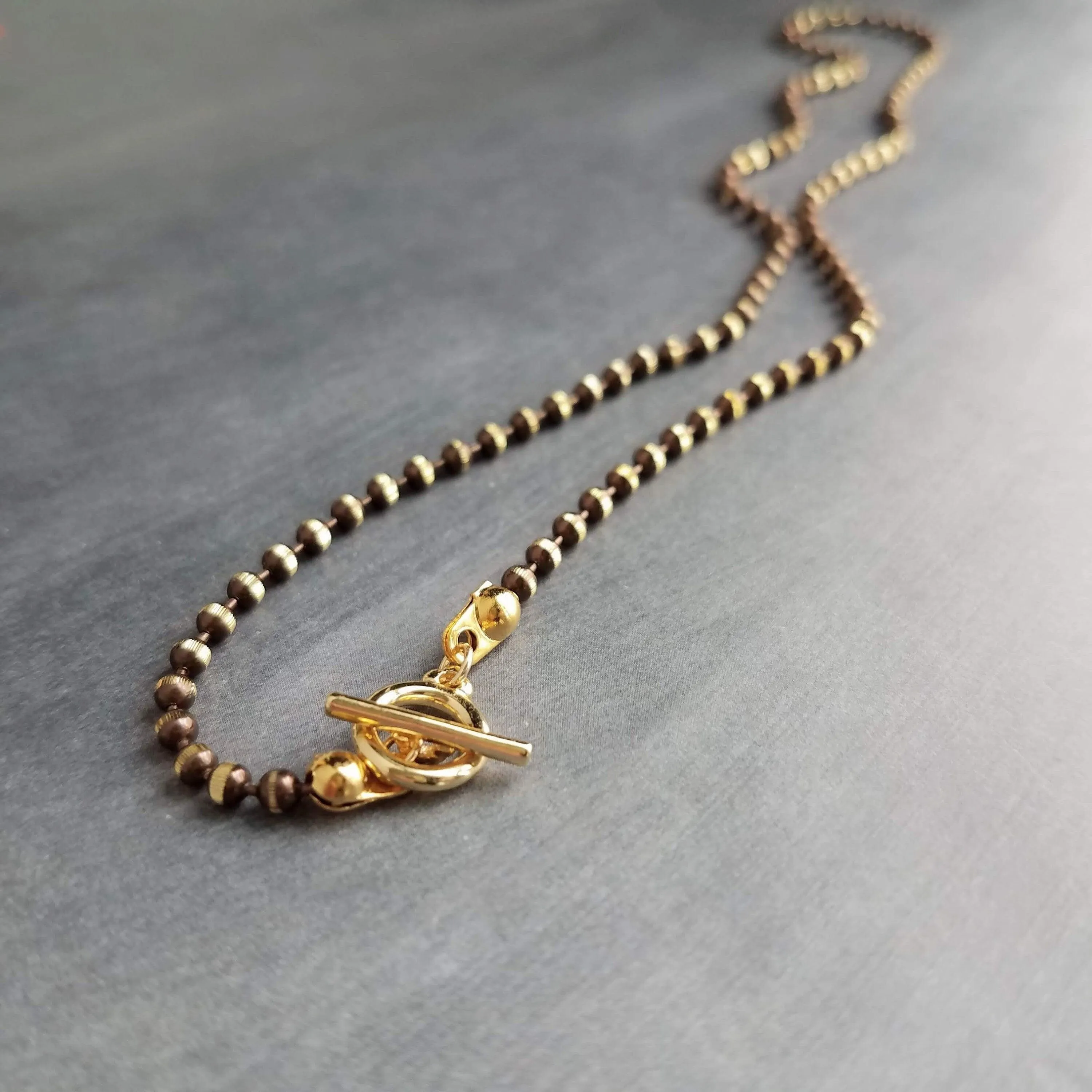 Gold Ball Chain, tiny toggle clasp, front clasp necklace, bronze ball chain, facet cut ball chain, small toggle necklace, large ball, brown