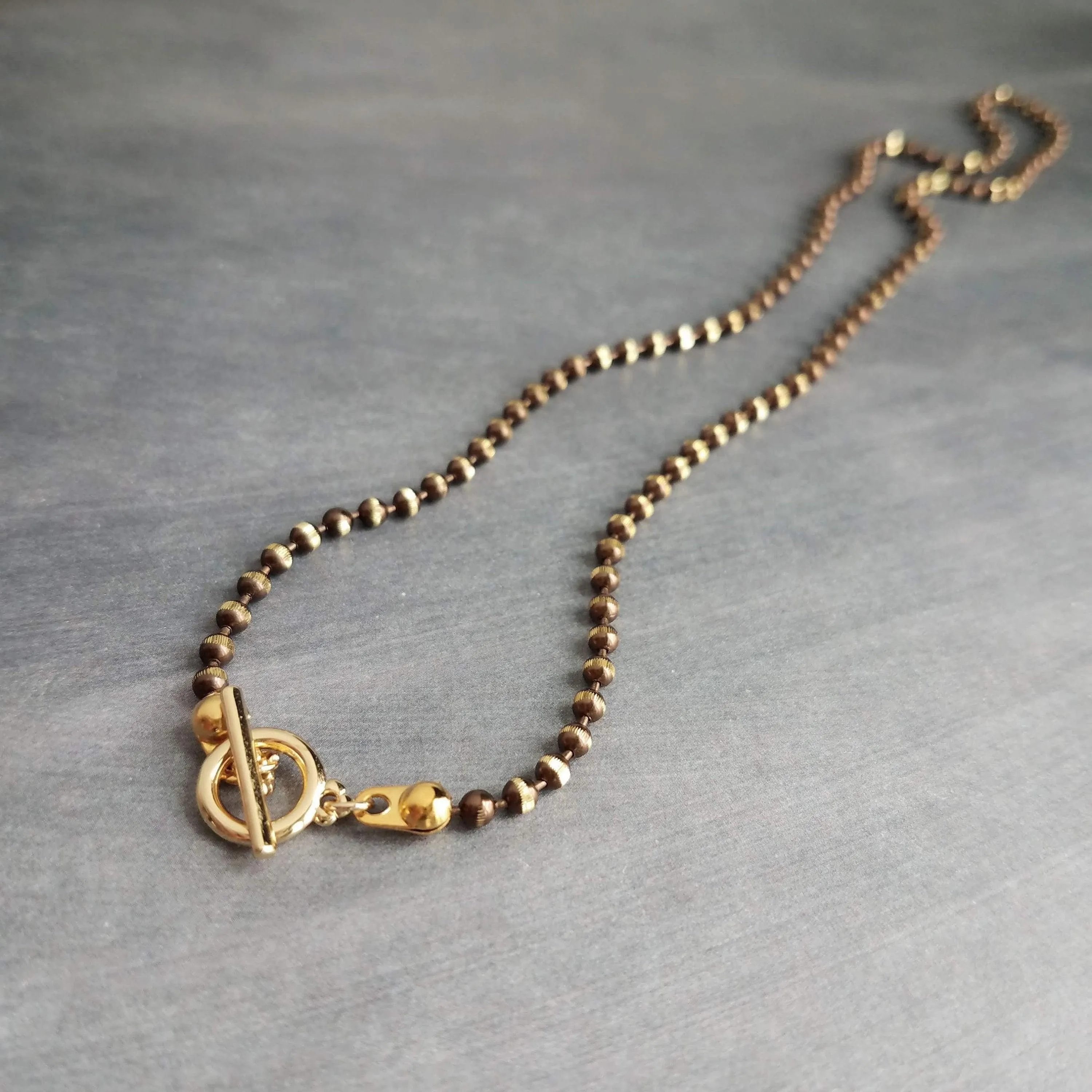 Gold Ball Chain, tiny toggle clasp, front clasp necklace, bronze ball chain, facet cut ball chain, small toggle necklace, large ball, brown