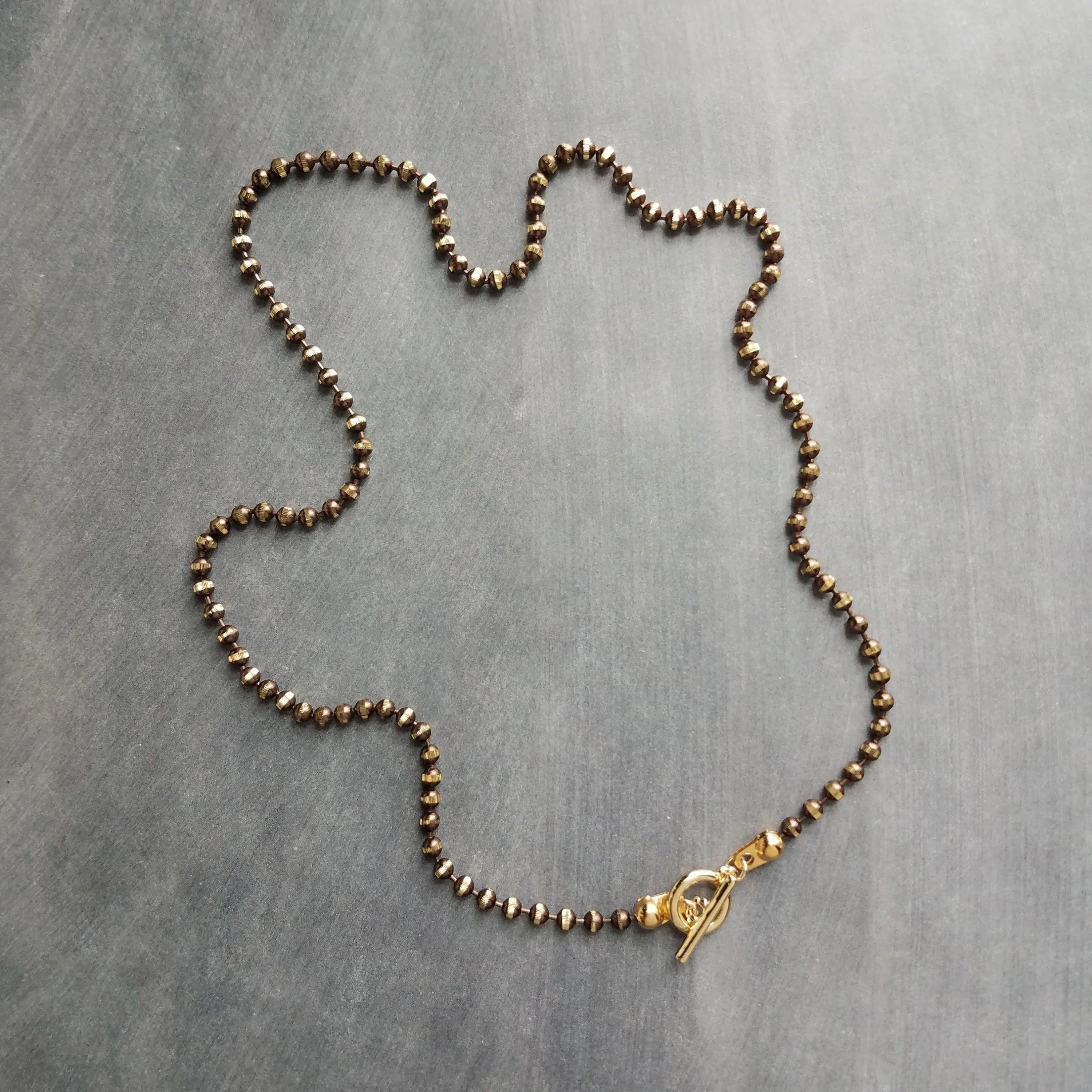 Gold Ball Chain, tiny toggle clasp, front clasp necklace, bronze ball chain, facet cut ball chain, small toggle necklace, large ball, brown