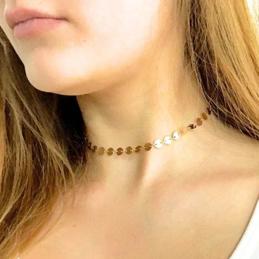 Gold Sequin Coin Disk Choker Necklace