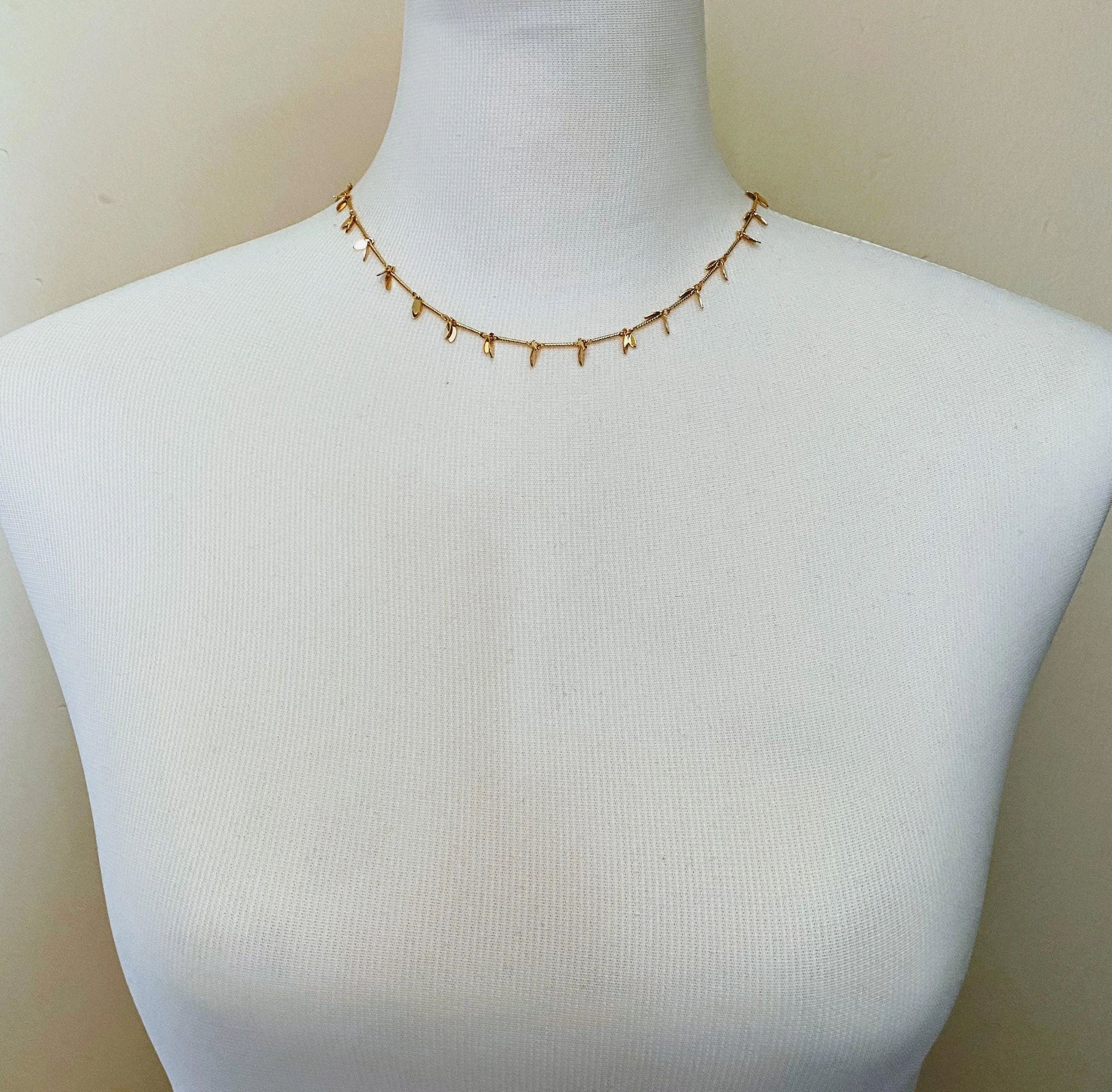 Gold Sequin Layer Necklace - tiny sparkling leaf shape charm layering chain in shiny 14K gold plate - adjustable & custom length available