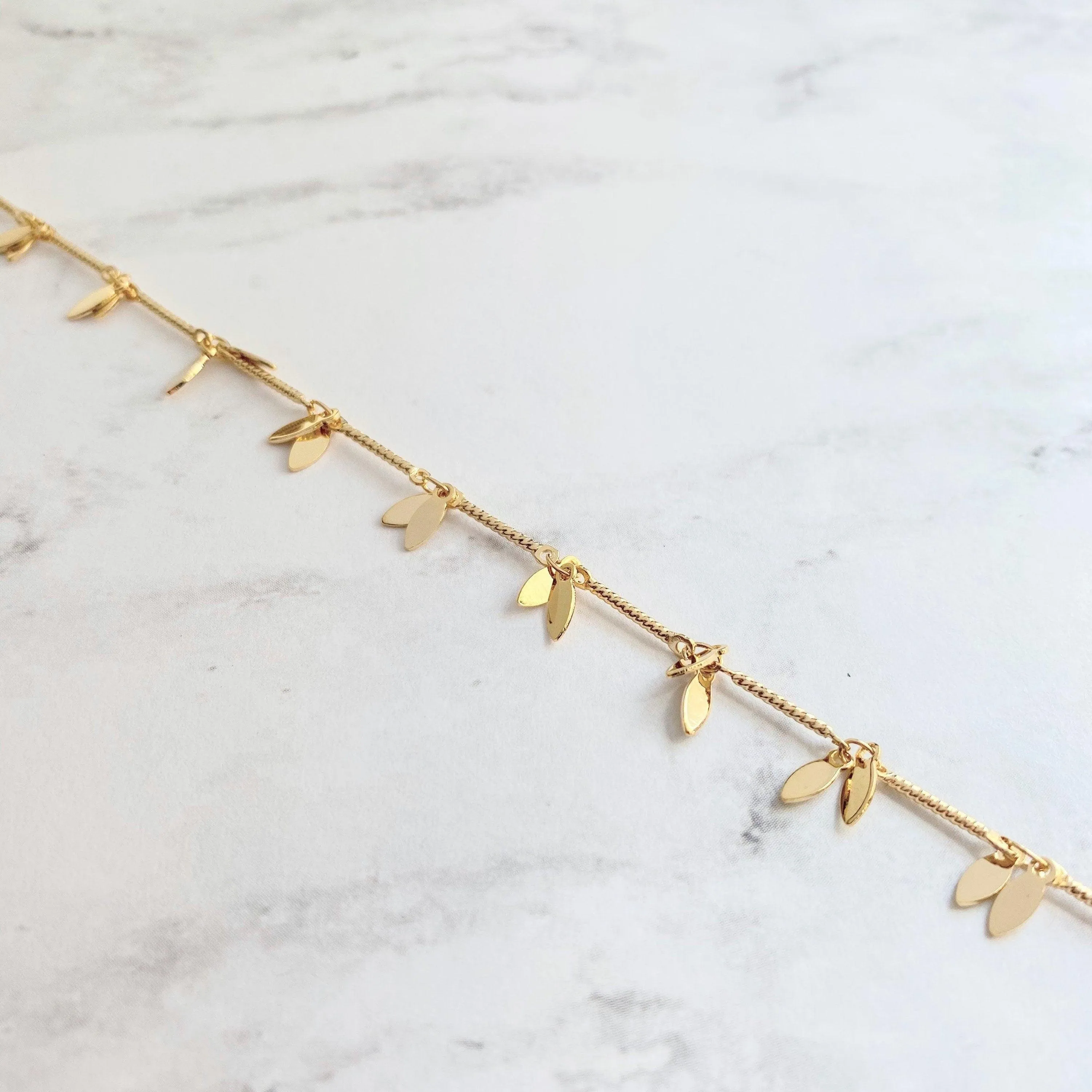 Gold Sequin Layer Necklace - tiny sparkling leaf shape charm layering chain in shiny 14K gold plate - adjustable & custom length available