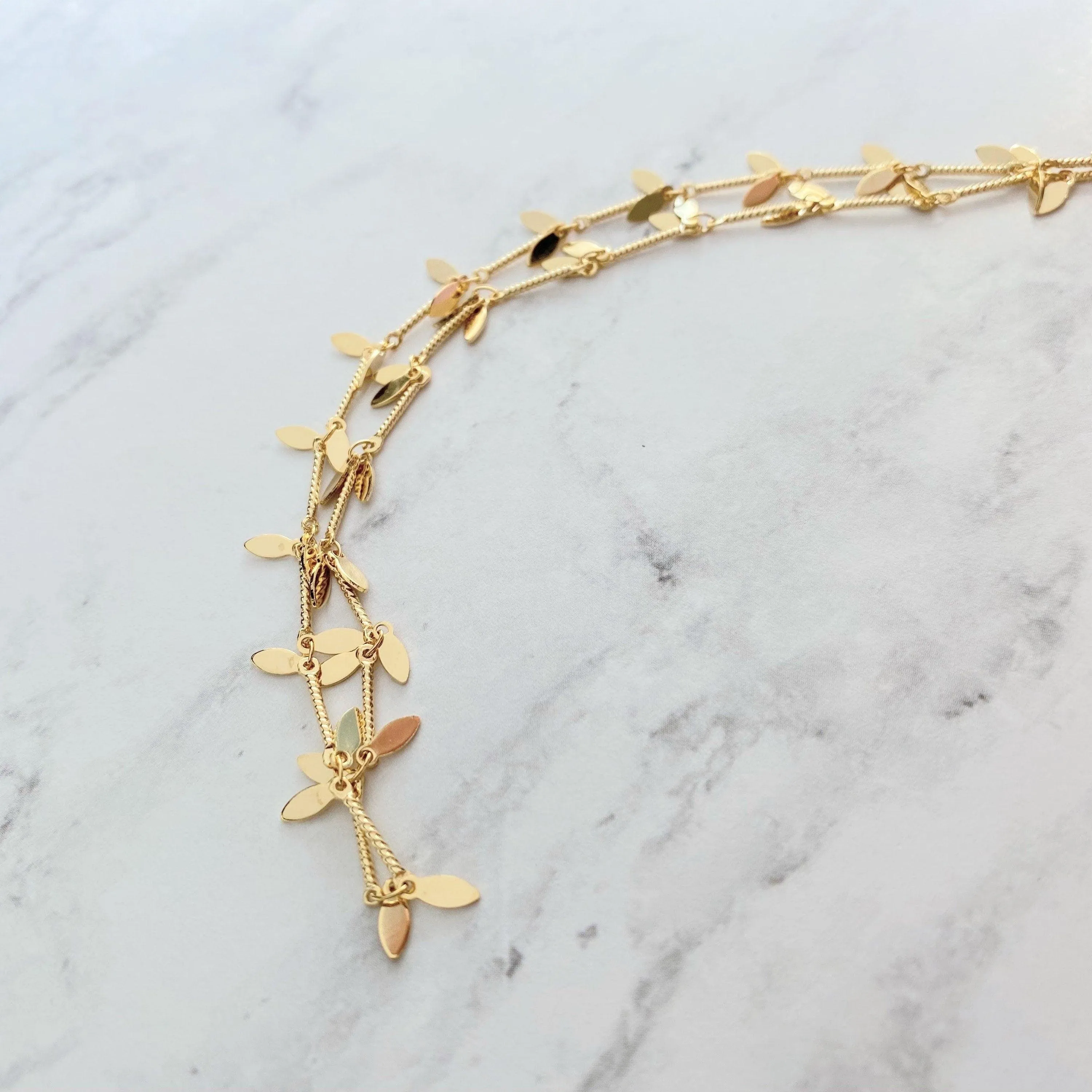 Gold Sequin Layer Necklace - tiny sparkling leaf shape charm layering chain in shiny 14K gold plate - adjustable & custom length available