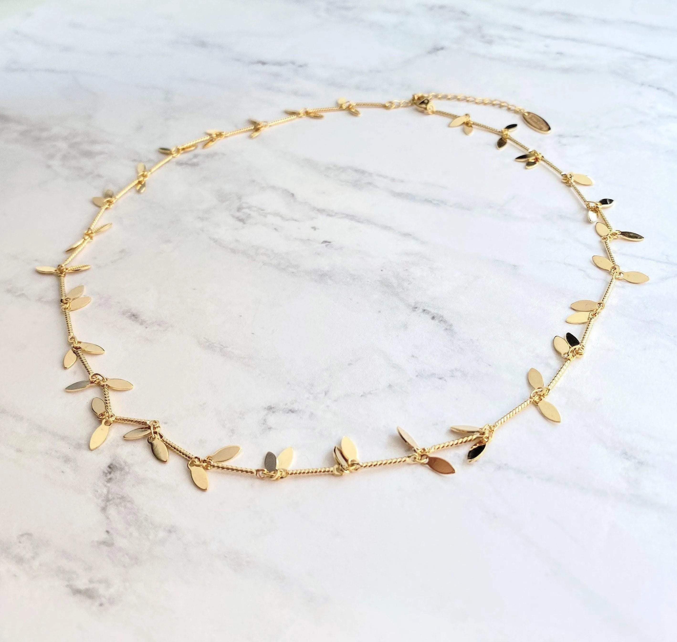 Gold Sequin Layer Necklace - tiny sparkling leaf shape charm layering chain in shiny 14K gold plate - adjustable & custom length available